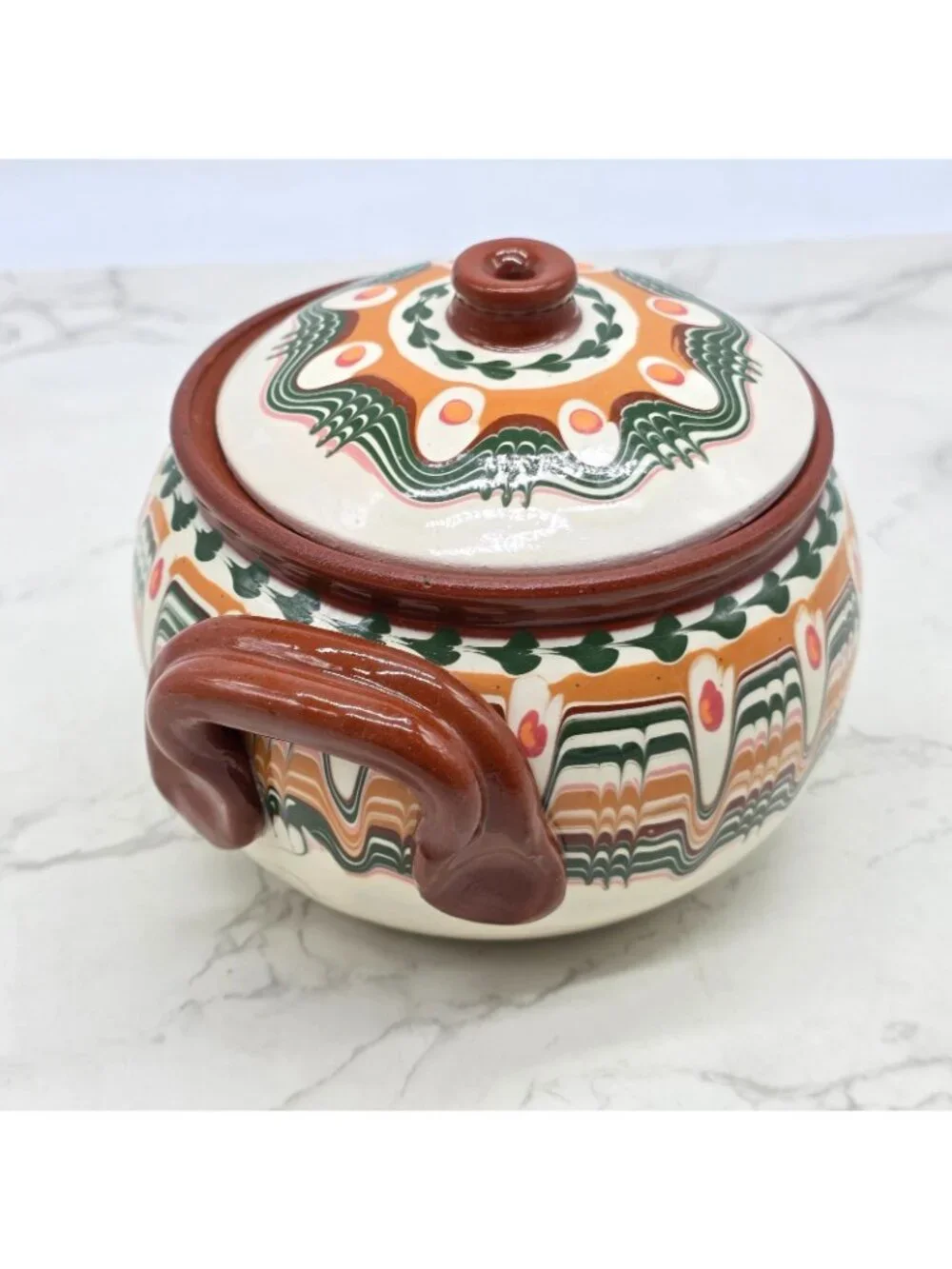 Bulgarian Gyuvetch Red Clay Pot Casserole Bulgar Handpainted Folk Art Cooker NEW